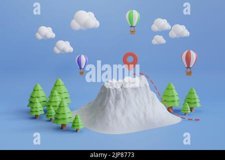 Les montagnes sont entourées de pins et de nuages sur fond bleu. 3D rendu. Sac à dos touristique avec carte et boussole Banque D'Images