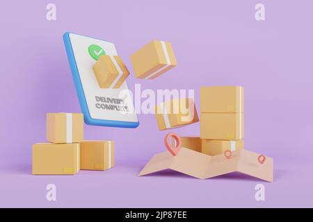 Concept de commerce électronique, Service de livraison sur application mobile. 3D concept de service d'application logistique. 3d rendu. Banque D'Images