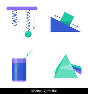 Icône de physique définie dans un style plat. Force élastique, force de frottement, réfraction et dispersion des symboles lumineux. Illustration vectorielle. Illustration de Vecteur