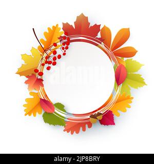 Bonjour, automne. Cadre rond avec feuilles jaune d'automne orange. Modèle pour la conception de bannières, affiches, publicité, cartes postales, ventes. Vecteur Illustration de Vecteur