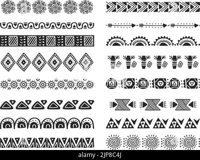 Pinceaux tribaux africains. Ensemble vectoriel noir et blanc à bords horizontaux sans couture dessinés à la main. Séparateurs de culture ancienne avec soleil, flèche et éléments de forme géométrique pour cadres ornementaux Illustration de Vecteur