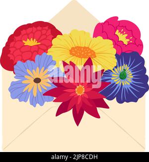Bouquet de fleurs dans une enveloppe ouverte. Carte de vœux pour la Saint-Valentin anniversaire ou la fête des mères. Lettre d'amour avec fleur de fleurs sauvages à l'intérieur. Cadeau avec de belles plantes pour les vacances Illustration de Vecteur
