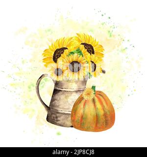 Une composition de jardin d'automne. Un ensemble d'illustrations aquarelles sur le thème de la récolte d'automne. Une vieille carafe de jardin avec un bouquet de tournesols, c Banque D'Images