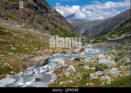 Torrent sauvage dans le paysage de montagne de la vallée de l'Ambin dans le massif de la Vanoise dans les Alpes françaises en été Banque D'Images