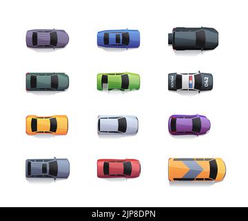 Vue de dessus des voitures. 2D trafic de dessus, diverses automobiles pour la collection de ville, le jeu de transport sprite actif, pick-up véhicules utilitaires sport. Jeu de couleurs vectorielles. Modèles de jouets pour le transport Illustration de Vecteur