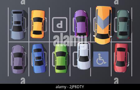 Vue du dessus du parking. Garage avec voitures d'en haut, parking de la ville avec espace libre, parking de rue de dessin animé avec divers véhicules. Illustration vectorielle. Transport urbain coloré de dessin animé Illustration de Vecteur