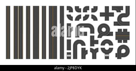 Constructeur d'autoroute. Vue de dessus des segments de la route urbaine avec marquage, intersections et cercles, vue aérienne de la rue asphaltée par le dessus. Ensemble de vecteurs. Parties de chemin de carte de ville Illustration de Vecteur