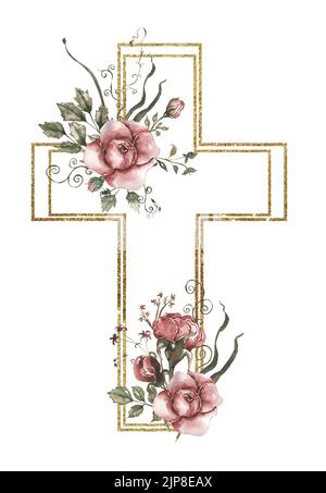 Aquarelle peinte à la main Croix florale avec cadre de la clipart dorée, illustration religieuse de Pâques, verdure et croix de pivoine rose, clip art de Baptême, Saint S. Banque D'Images