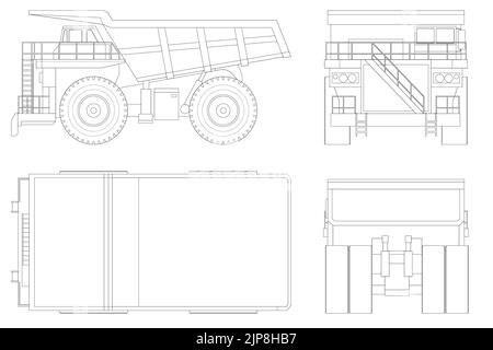 Grand modèle de tombereau de carrière avec contour sur fond blanc. Équipement pour l'industrie minière. Vue avant, arrière, latérale et supérieure. Tous les éléments Illustration de Vecteur