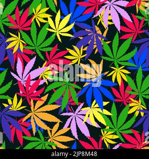 Le Cannabis arc-en-ciel brillant laisse un motif sans couture sur fond noir. Illustration de Vecteur