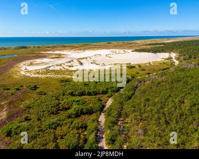 Point de vue de drone sur la grande dune dans la réserve naturelle près de la côte de la mer du Nord à Bergen aan Zee, pays-Bas, le jour de l'été Banque D'Images