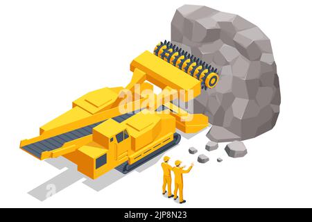 Engins de forage de tunnels isométriques, engins de forage automoteurs. Pelle hydraulique sur pneus à godet, équipement lourd utilisé dans l'exploitation minière de surface. Carrière minière, mine Illustration de Vecteur