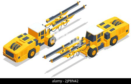 Engins de forage de tunnels isométriques, engins de forage automoteurs. Pelle hydraulique sur pneus à godet, équipement lourd utilisé dans l'exploitation minière de surface. Carrière minière, mine Illustration de Vecteur