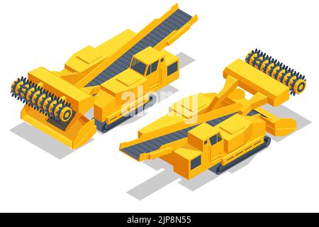 Engins de forage de tunnels isométriques, engins de forage automoteurs. Pelle hydraulique sur pneus à godet, équipement lourd utilisé dans l'exploitation minière de surface. Carrière minière, mine Illustration de Vecteur