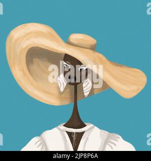 portrait afro-américain élégant. femme portant un grand chapeau beige, tenue d'été avec de grandes boucles d'oreilles. fond bleu. beauté africaine. Banque D'Images
