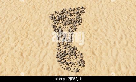 Concept pierres conceptuelles sur plage sable forme de symbole fait main, fond de sable doré, signe pieds nus. métaphore de l'illustration 3d pour la nature, la santé Banque D'Images