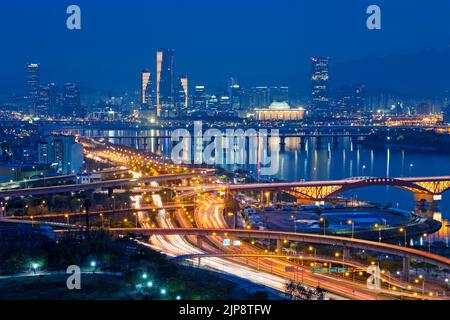 autoroute, gratte-ciel, séoul, hangang, autoroutes, autoroute, autoroutes, paysage urbain, villes, lignes de ciel, boucles Banque D'Images