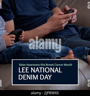 Composition de lee national denim Day texte sur l'homme caucasien avec enfant jouant aux jeux vidéo Banque D'Images