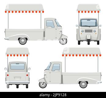 Modèle de vecteur de chariot alimentaire tricycle avec des couleurs simples sans gradient et effets. Vue latérale, avant, arrière Illustration de Vecteur