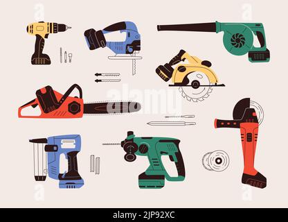 Illustration vectorielle de conception plate d'outils à main sans fil. Le kit comprend des icônes de souffleur à feuilles, de tronçonneuse, de scie sauteuse, de scie circulaire, de perceuse à percussion, angle g Illustration de Vecteur