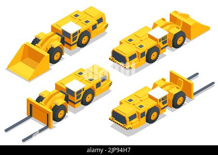 Tombereaux pour applications minières souterraines isométriques. Chargeuse souterraine, pelle hydraulique. Équipement pour l'industrie minière à forte teneur Illustration de Vecteur