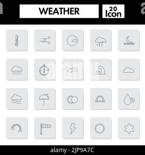 Ensemble de symboles ou d'icônes météo Black Outline sur fond carré gris. Illustration de Vecteur