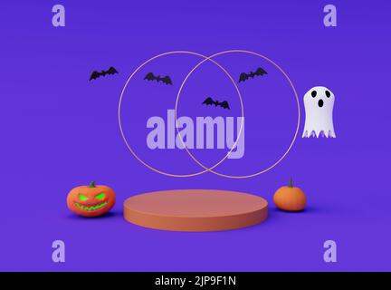 3D rendu de Halloween volant sinistre, fantôme, potiron, podium, chauve-souris, Élément de conception d'arrière-plan d'Halloween minimal Banque D'Images