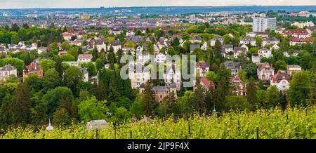 Belle vue panoramique sur les villas dans le Nerotal, la ville de Wiesbaden et jusqu'à Rheinhessen, vu du vignoble de Neroberg à Wiesbaden,... Banque D'Images