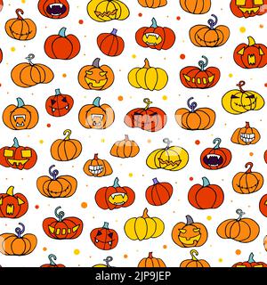 Motif de citrouilles orange sans couture pour halloween. Visage drôle, créepeux et souriant sur fond de point blanc. Personnage Doodle automne. Joyeux symbo Halloween Illustration de Vecteur