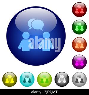 Deux personnes qui parlent avec des bulles ovales icônes pleines sur des boutons ronds en verre dans plusieurs couleurs. Structure de calque organisée Illustration de Vecteur