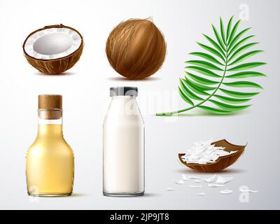 Produits de noix de coco réalistes. 3d plante exotique, feuille de palmier verte, demi-noix de coco et noix de coco entières, copeaux, lait et beurre en bouteilles de verre, blanc transparent Illustration de Vecteur