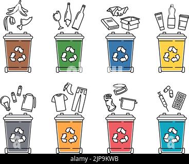 Jeu de poubelles pour le recyclage de différents types de déchets. Tri et recyclage des déchets. Illustration vectorielle Illustration de Vecteur