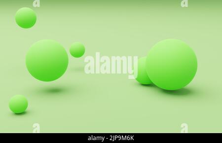 Les sphères de couleur verte sont placées sur un arrière-plan vert pâle. Couleurs pastel, ombres douces. Conception moderne et abstraite, rendu 3D. Banque D'Images