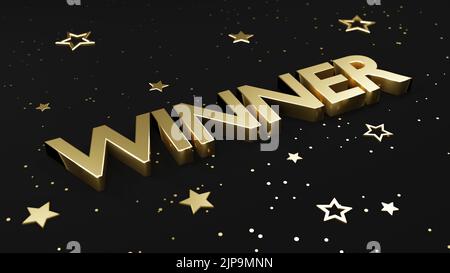 Le gagnant du texte doré est placé sur un fond gris foncé avec des étoiles dorées. Concept de victoire et de succès. Lumière douce, effet bokeh. Banque D'Images