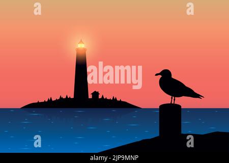 silhouette de goélands sur le paysage marin du phare la nuit Illustration de Vecteur