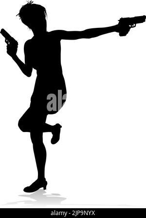 Silhouette Woman Femme film action Hero avec pistolet Illustration de Vecteur