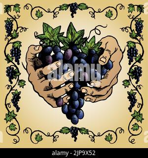 Une illustration de style boisée d'une bordure de vigne et des mains tenant un bouquet de raisins. Illustration de Vecteur