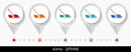 Icônes vectorielles de concept de tondeuse à gazon, modèle d'infographie facile à modifier, jeu de pointeurs plats colorés pour la conception Web et les applications mobiles Illustration de Vecteur