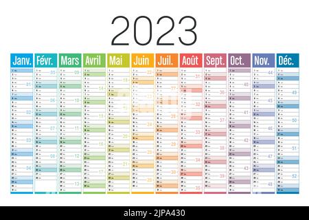 Calendrier coloré de l'année 2023, en français, sur fond blanc. Modèle vectoriel. Illustration de Vecteur