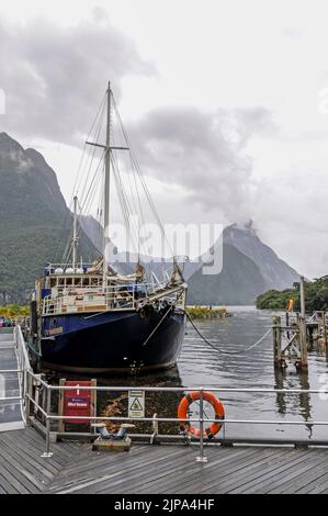 Passagers de croisière à bord d'un des navires de croisière à Milford Wharf sur Milford Sound, parc national Fiordland, South Island, Nouvelle-Zélande. Milford, Sou Banque D'Images