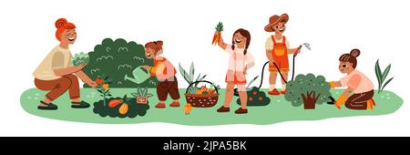 Leçon de botanique pour enfants. Les enfants sont heureux avec enseignant. Formation aux soins du jardin. Personnes récoltant et élaguer des buissons. Adolescents arrosoir plantes. Travail agricole Illustration de Vecteur