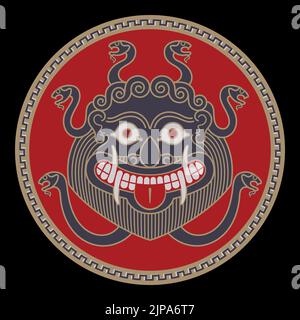 Conception de la Grèce antique. Tête de Medusa Gorgon avec des cheveux sous forme de serpents, dessinés dans le style vintage Illustration de Vecteur