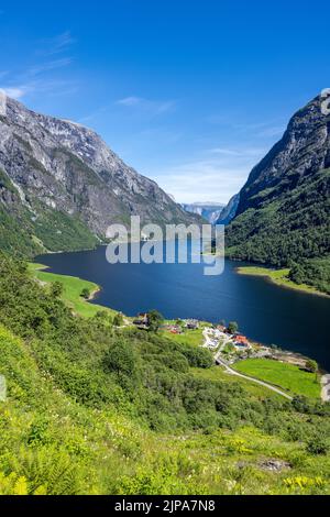 Vue sur le célèbre Naeroyfjord en Norvège, site classé au patrimoine mondial de l'UNESCO Banque D'Images