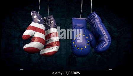 Des gants de boxe suspendus avec le drapeau des États-Unis d'Amérique et le drapeau de l'Union européenne illustrent les tensions entre les deux pays Banque D'Images