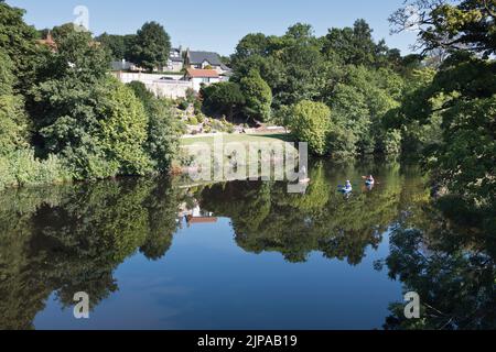 dh River Wharfe WETHERBY WEST YORKSHIRE Canoing instructeur canoéistes pagayboard été rivières boarding canoës angleterre paddleboards paddle Royaume-Uni Banque D'Images