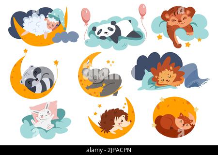 Les animaux adorables dorment sur le nuage et la demi-lune avec des étoiles. Personnages enfants en sommeil de dessin animé. Ensemble pour enfants Sweet Dream. Bébé mouton en chapeau de nuit, lion et lapin sur l'oreiller vecteur illustration dans le style plat. Illustration de Vecteur