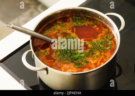 Pot de délicieux borscht ukrainien traditionnel fraîchement cuit sur une cuisinière de cuisine. Banque D'Images