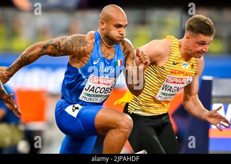 MUNCHEN, ALLEMAGNE - AOÛT 16: Lamont Marcell Jacobs d'Italie en compétition dans les demi-finales hommes 100m pendant les championnats d'Europe Munich 2022 à l'Olympiastadion on sur 16 août 2022 à Munchen, Allemagne (photo par Andy Astfalck/BSR Agency) Banque D'Images