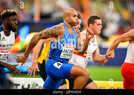 MUNCHEN, ALLEMAGNE - AOÛT 16: Lamont Marcell Jacobs d'Italie en compétition dans les demi-finales hommes 100m pendant les championnats d'Europe Munich 2022 à l'Olympiastadion on sur 16 août 2022 à Munchen, Allemagne (photo par Andy Astfalck/BSR Agency) Banque D'Images