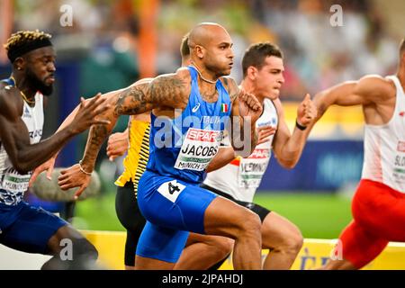 MUNCHEN, ALLEMAGNE - AOÛT 16: Lamont Marcell Jacobs d'Italie en compétition dans les demi-finales hommes 100m pendant les championnats d'Europe Munich 2022 à l'Olympiastadion on sur 16 août 2022 à Munchen, Allemagne (photo par Andy Astfalck/BSR Agency) Banque D'Images